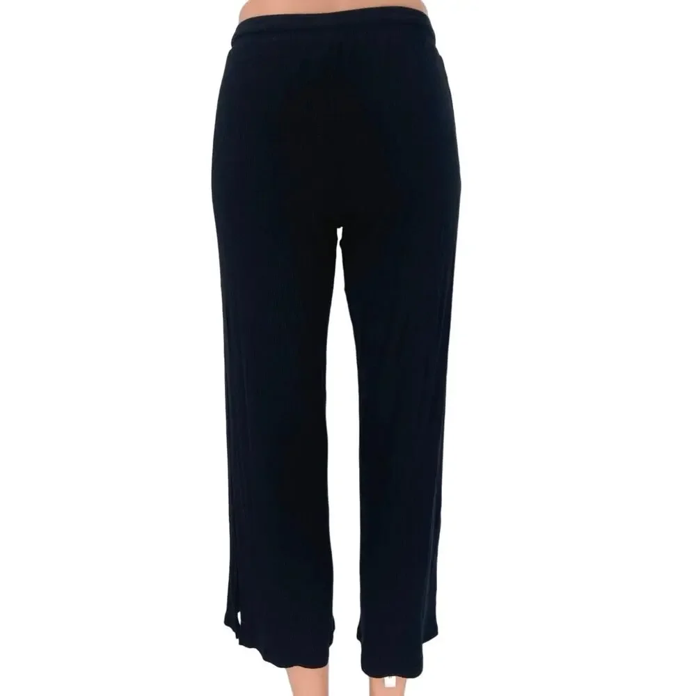 Aqua Black Ribbed Mid Rise Drawstring Cropped Relaxed Lounge Sweat Pants Size S